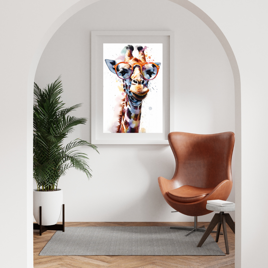 affiche colorée girafe avec lunettes