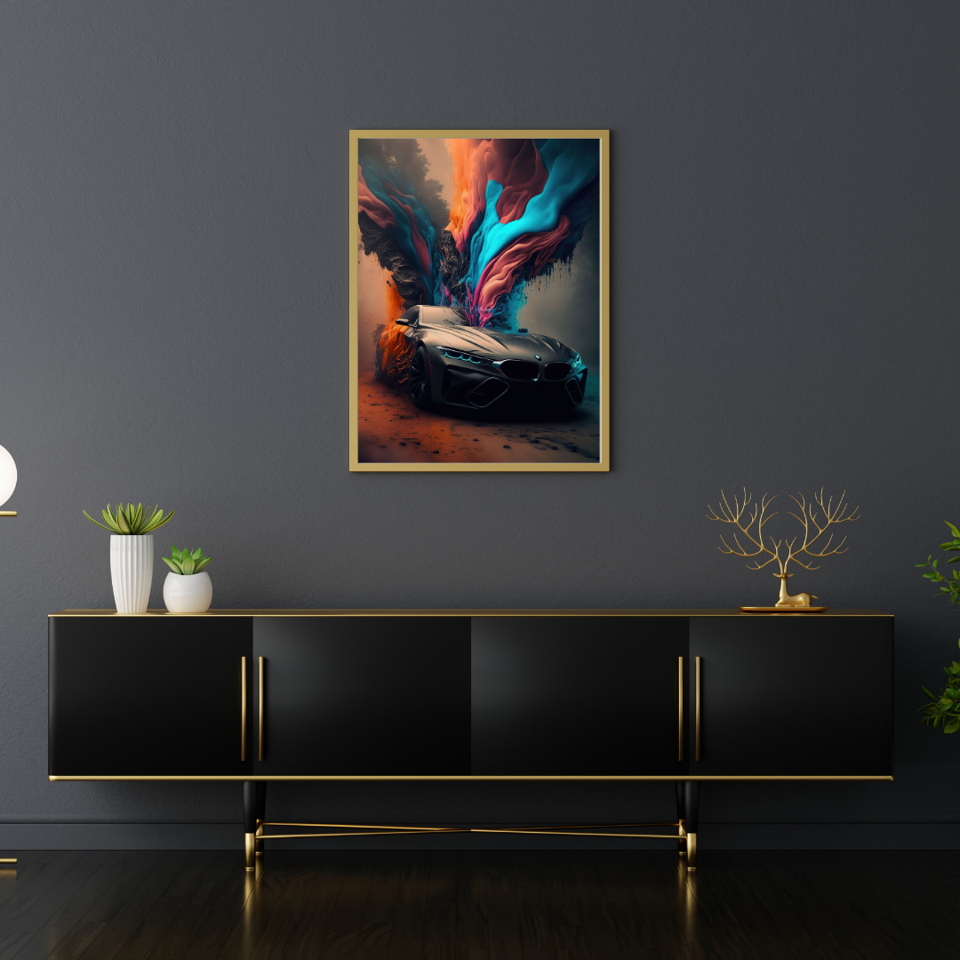 affiche voiture de sport colorée bmw
